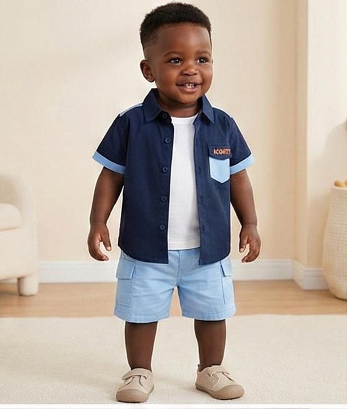 Ensemble Chemise Marine, T-shirt & Short Cargo Ciel