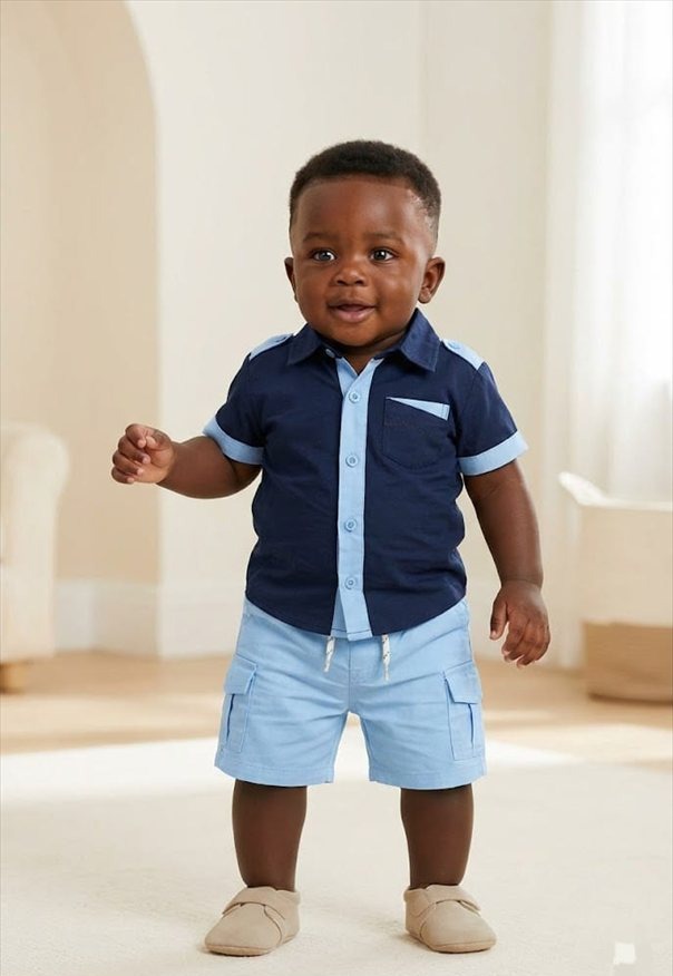 Ensemble Chemise Marine Bicolore & Short Cargo Ciel