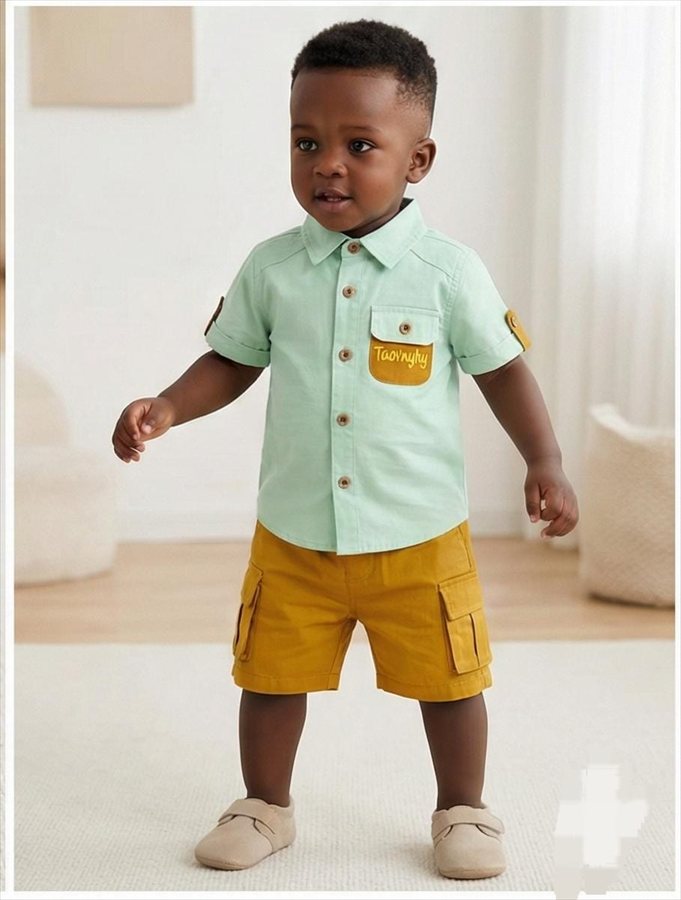 Ensemble Chemise Vert d'Eau & Short Cargo Ocre