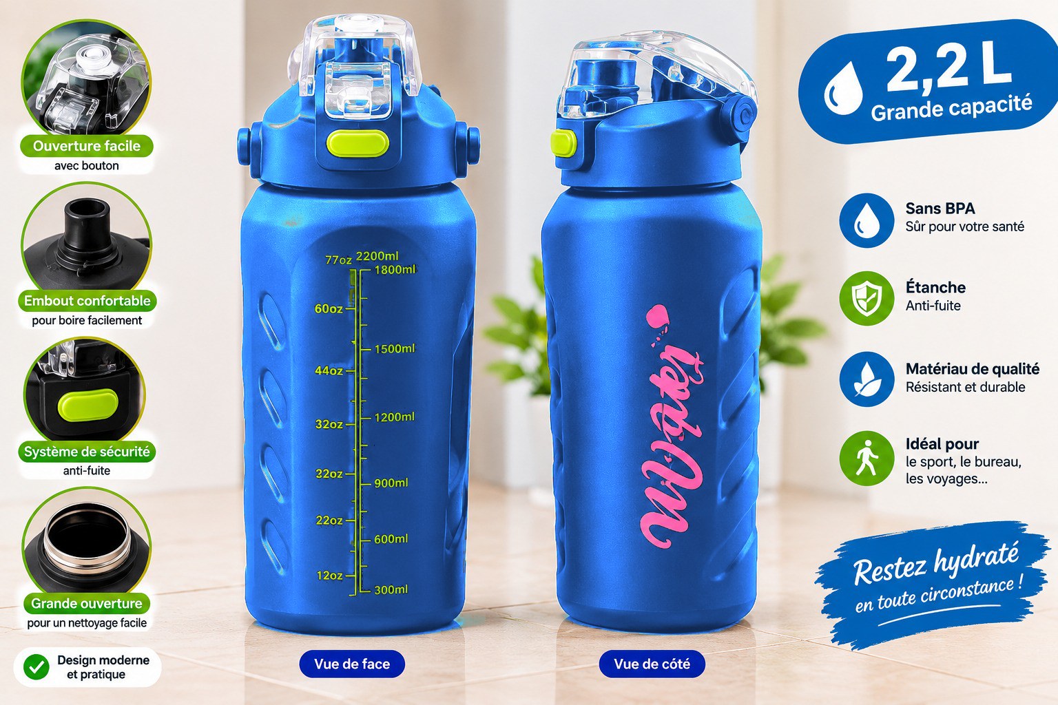 Gourde Sport 2,2 L Bleue