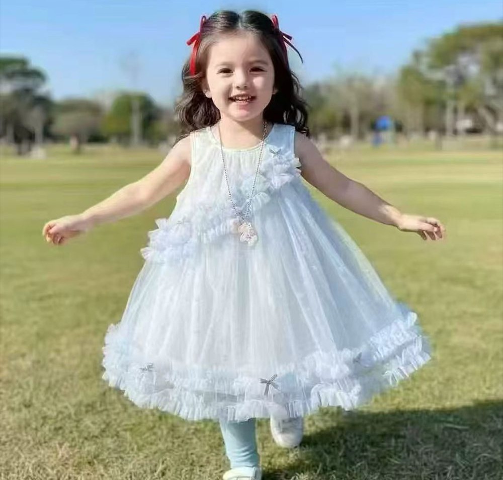 Robe Tulle Étoilée à Volants Blanc Nacré