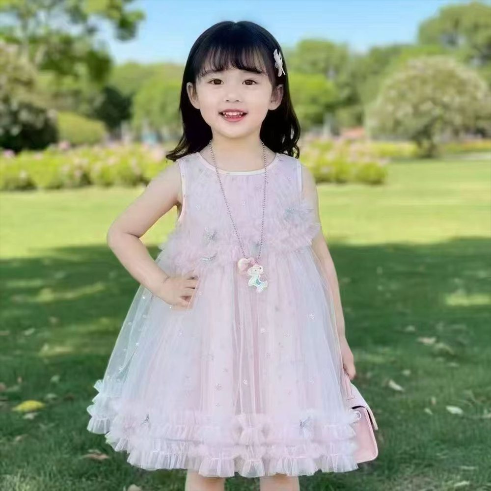 Robe Tulle Étoilée à Volants Rose Dragée
